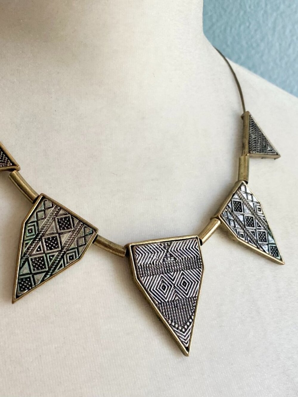 Silver and brass tone slider geometric pennant necklace adjustable choker